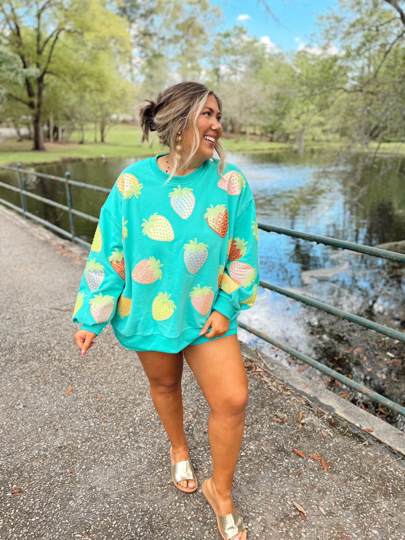 Queen of Sparkles Aqua Scattered Strawberry Sweatshirt