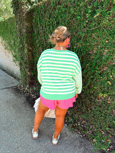 Green Striped Oversized French Terry Tennis Sweatshirt