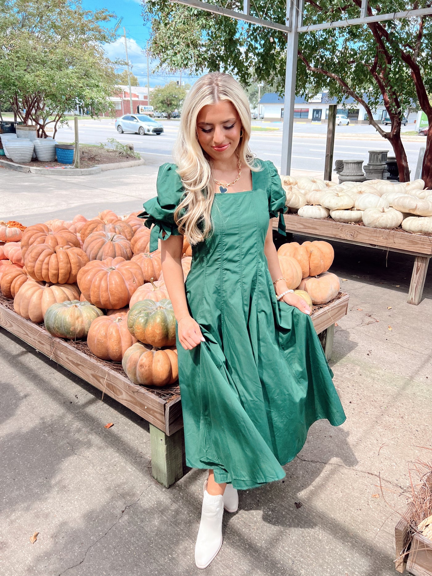 Hunter Green Square Neck Puff Sleeve Midi Dress