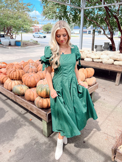 Hunter Green Square Neck Puff Sleeve Midi Dress