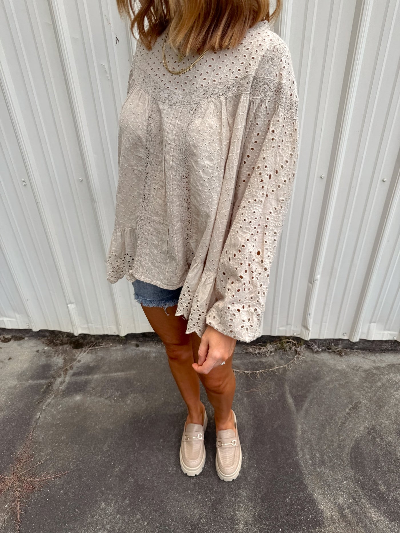 Taupe Oversized Eyelet Long Sleeve Blouse