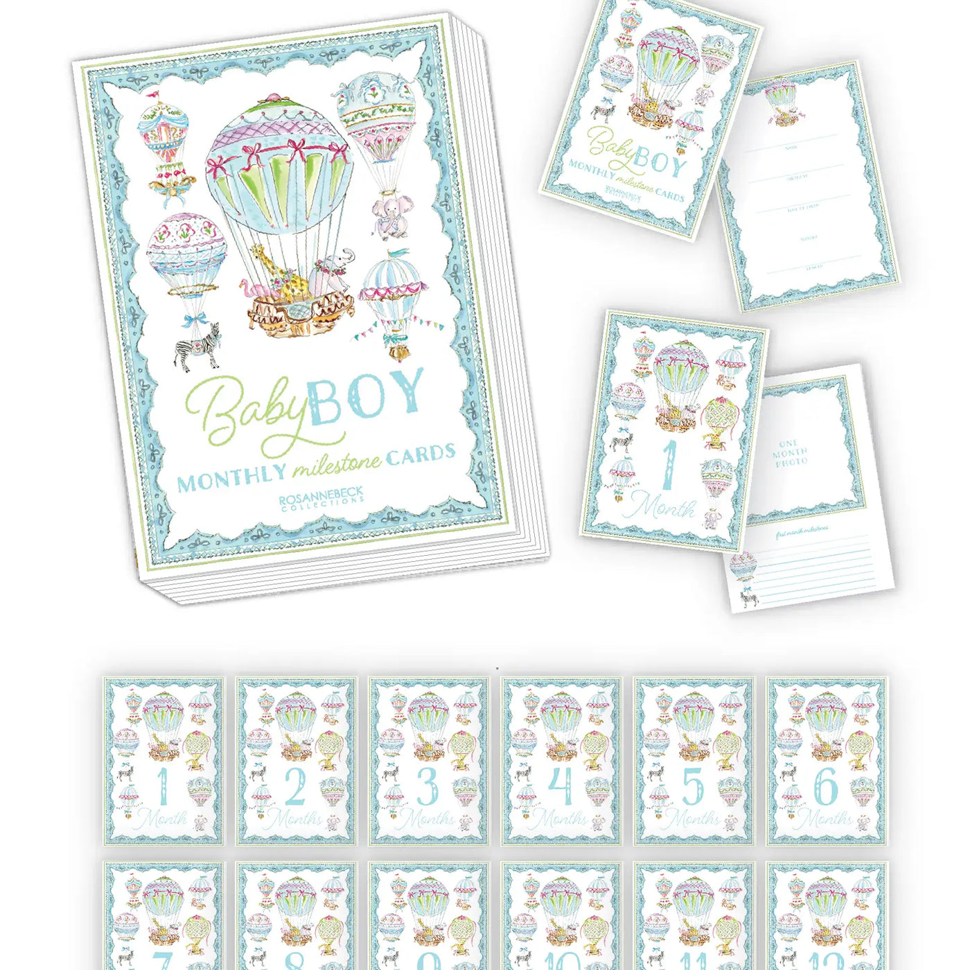 Rosanne Beck Collections Milestone Cards-Baby Boy Hot Air Balloons with Animals