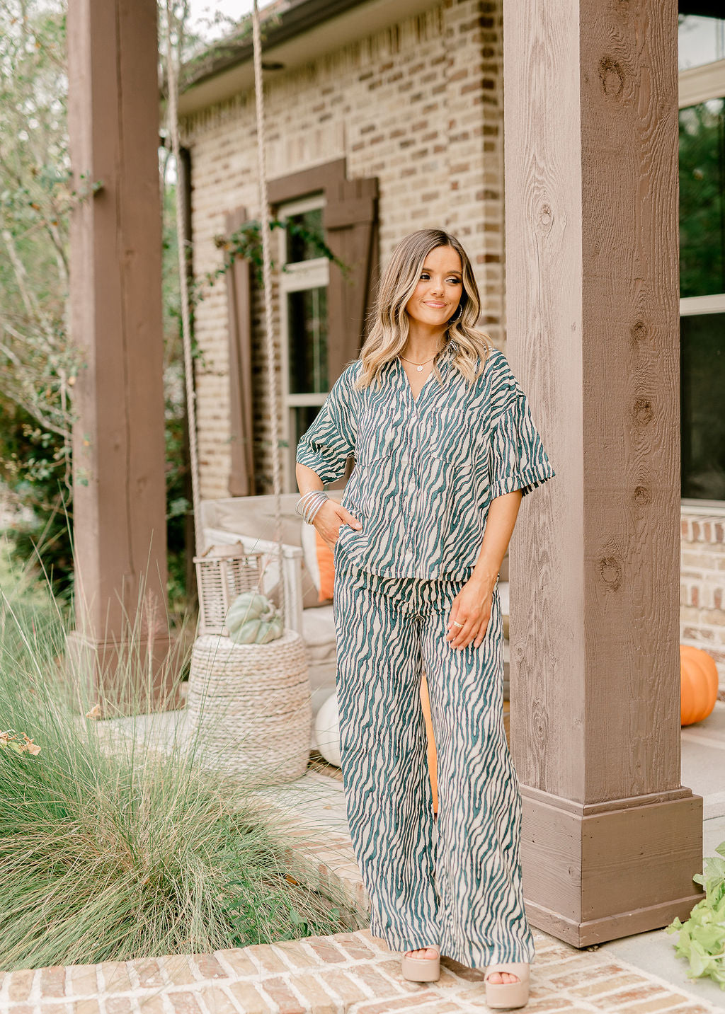 Teal Zebra Button Down and Pant Set