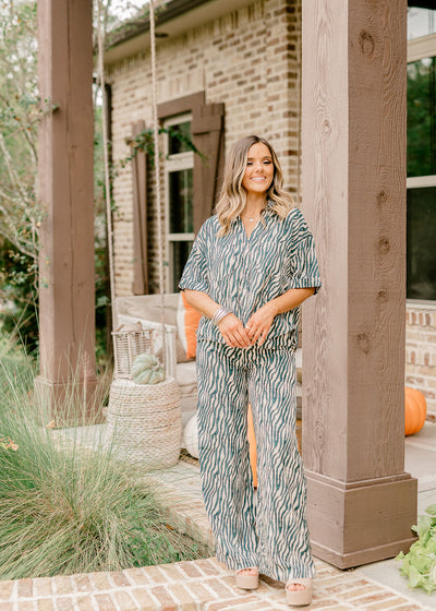 Teal Zebra Button Down and Pant Set