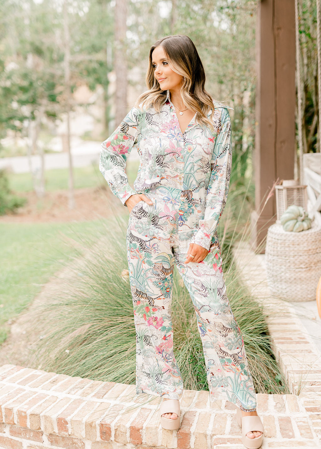 Beulah Style Turquoise Jungle Satin Button Down and Pant Set