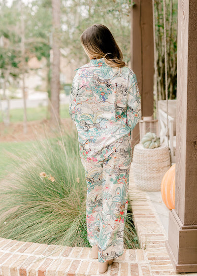 Beulah Style Turquoise Jungle Satin Button Down and Pant Set