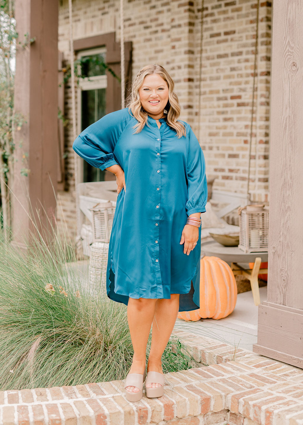 Teal Satin Notch Neck Button Down Midi Dress