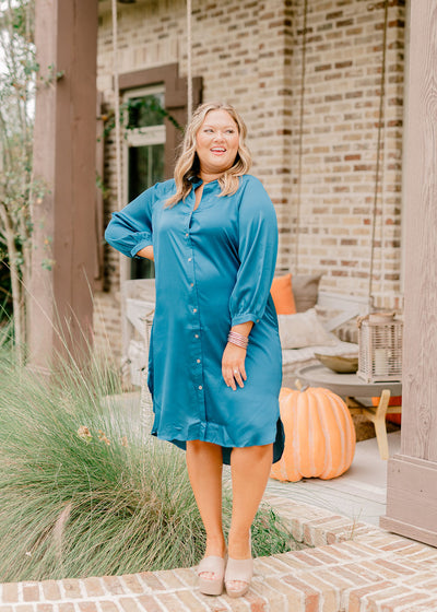 Teal Satin Notch Neck Button Down Midi Dress