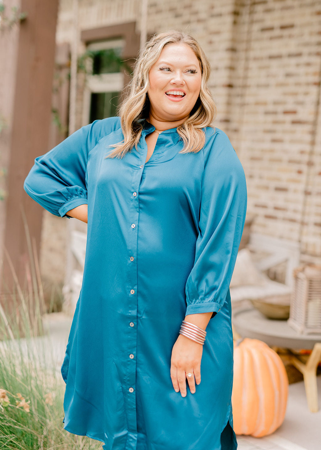 Teal Satin Notch Neck Button Down Midi Dress