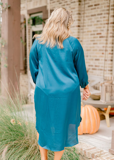 Teal Satin Notch Neck Button Down Midi Dress