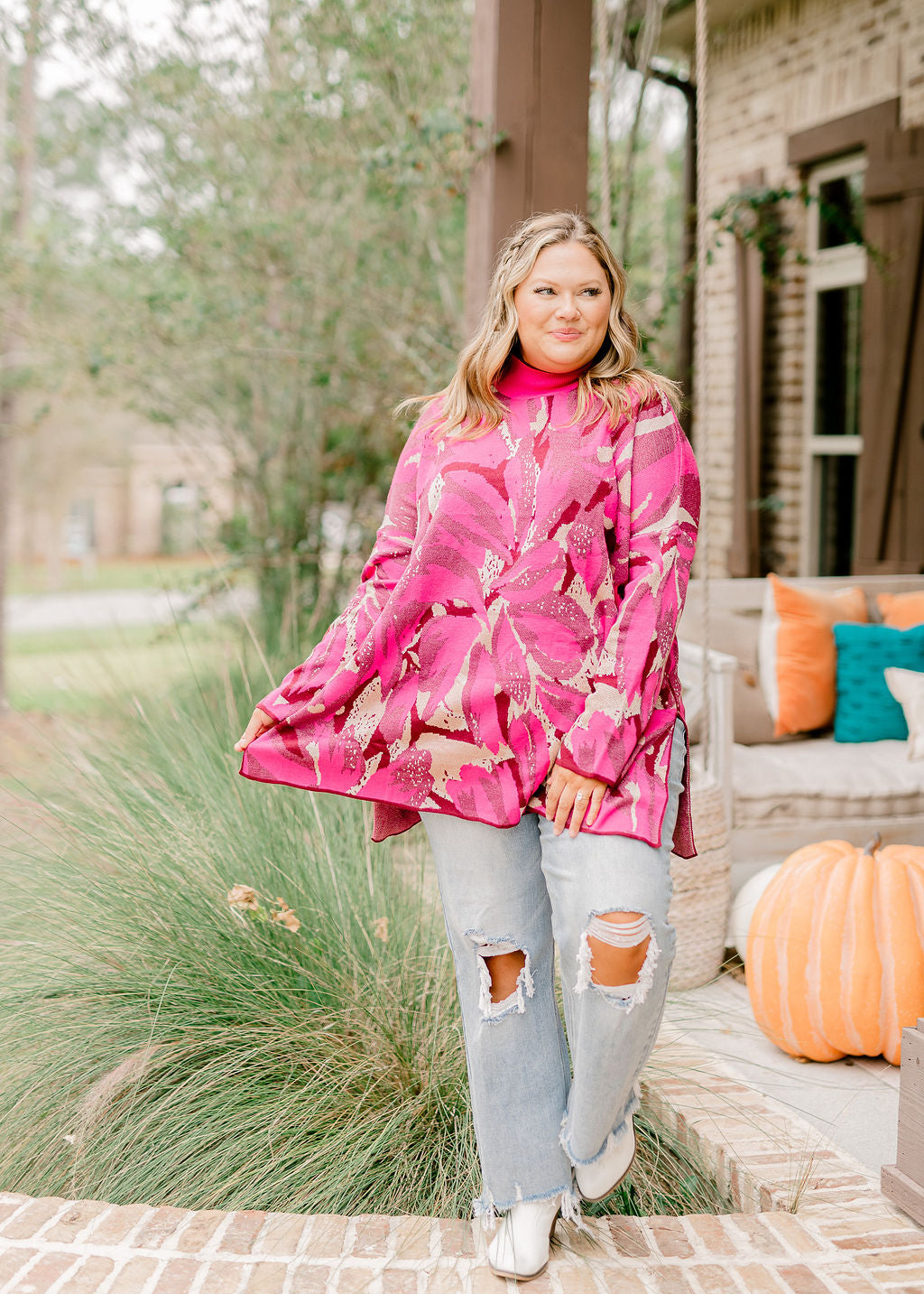 Hot Pink Tapestry Mock Neck Sweater