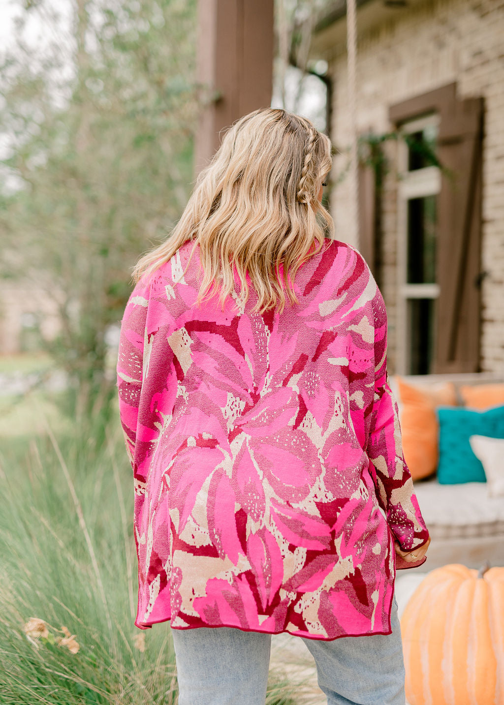 Hot Pink Tapestry Mock Neck Sweater