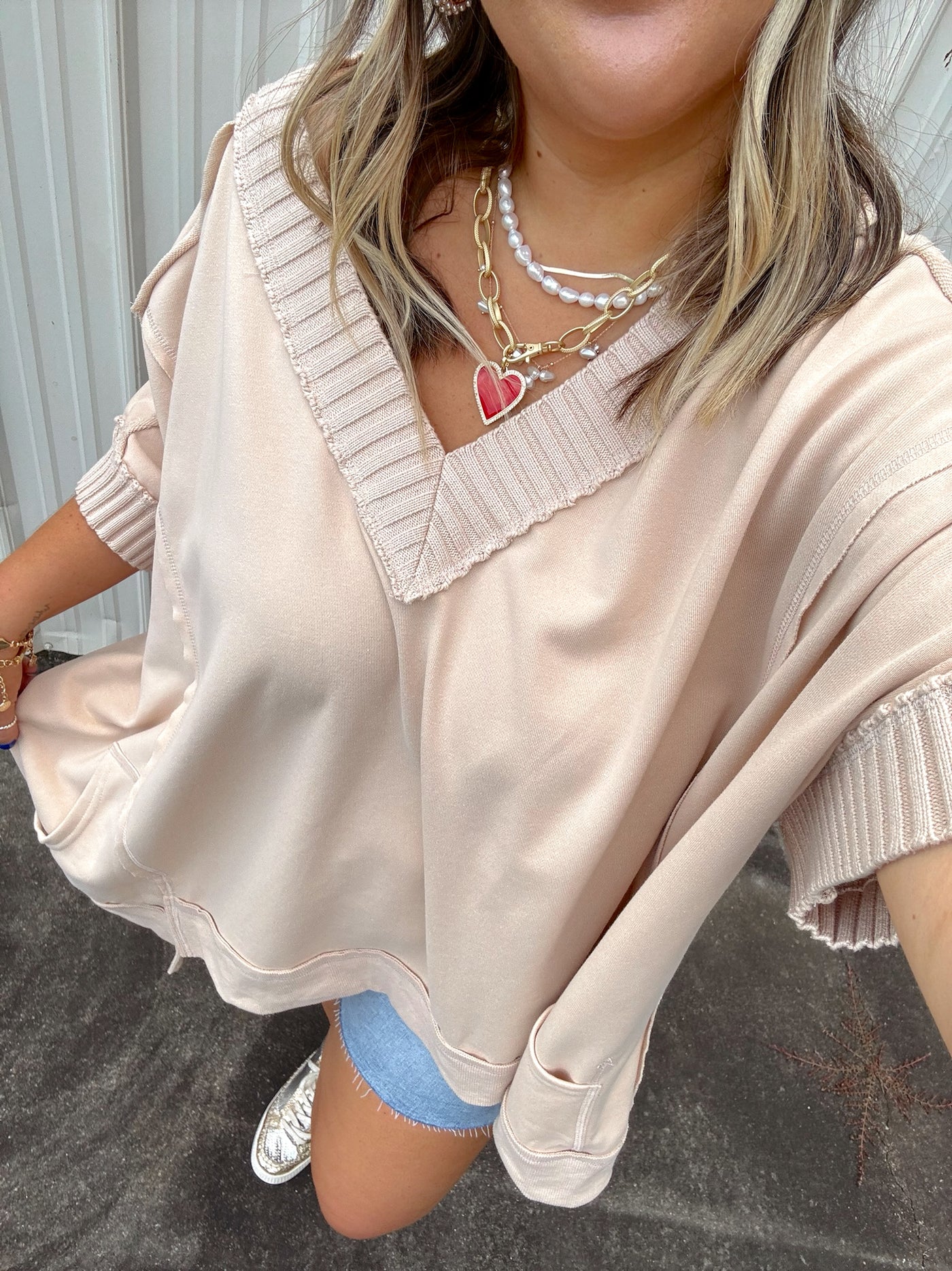 Beige Raw Edge V-Neck Oversized Pocket Top