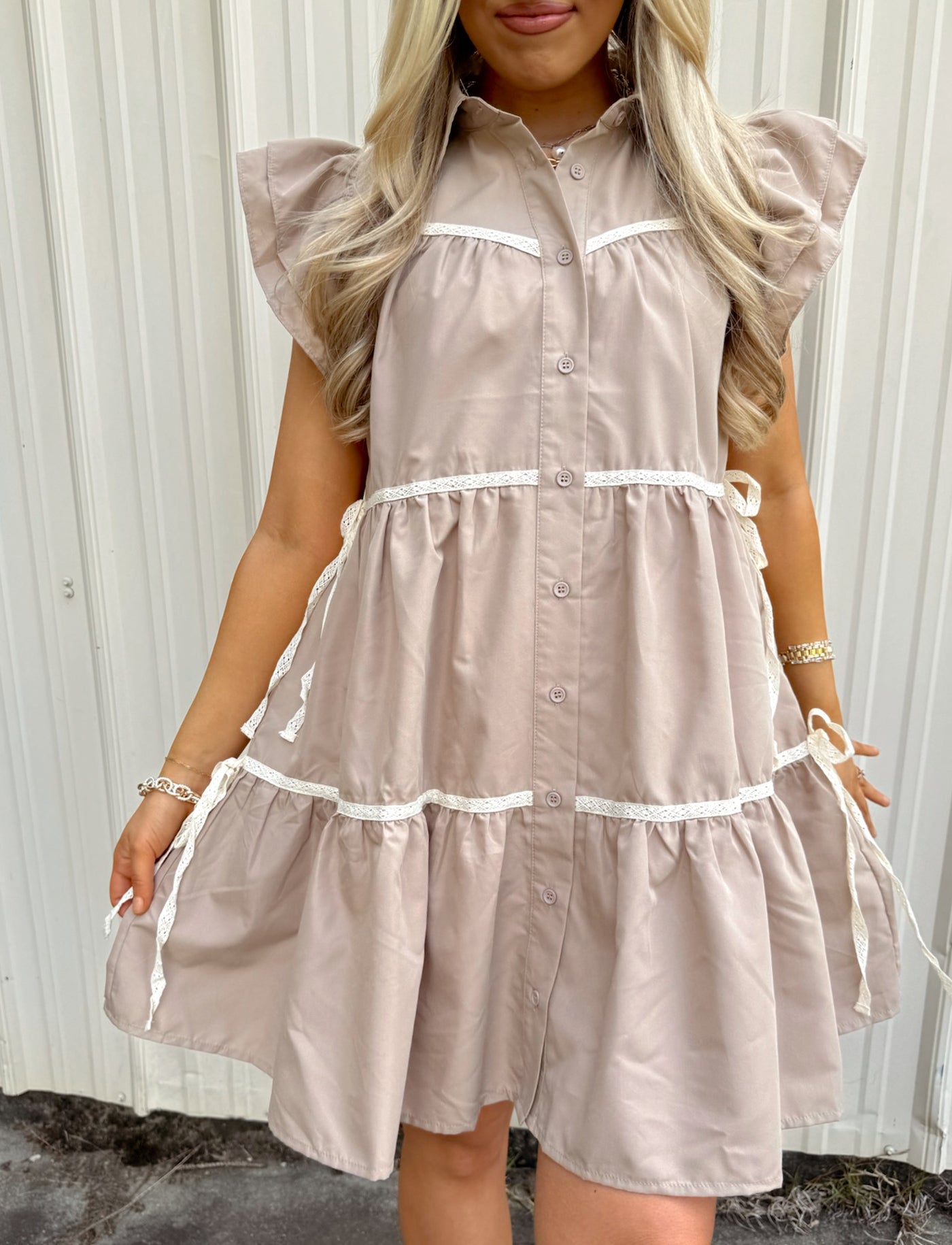 Mocha Tiered Flutter Sleeve Button Down Dress