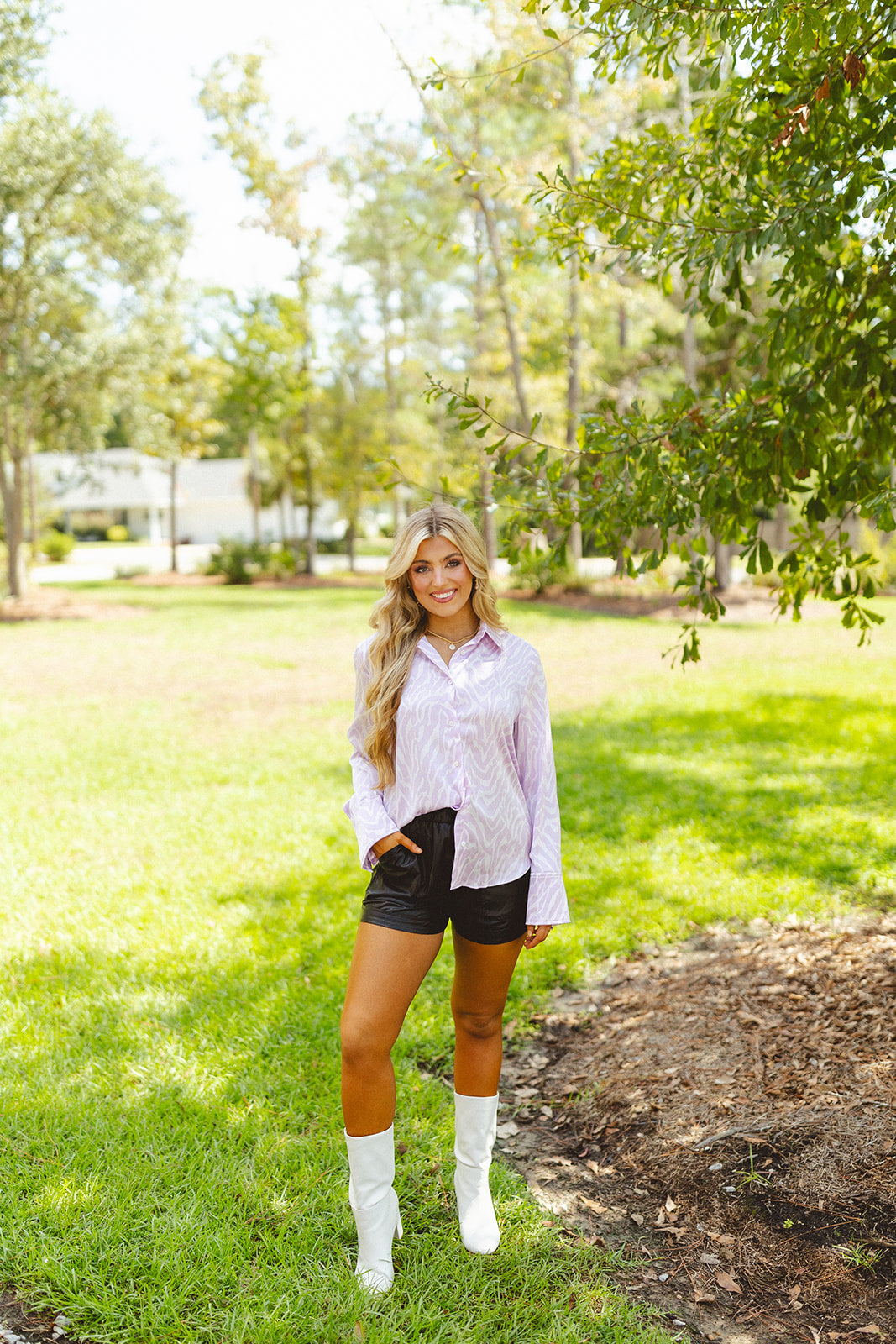 Lavender Animal Print Satin Button Down