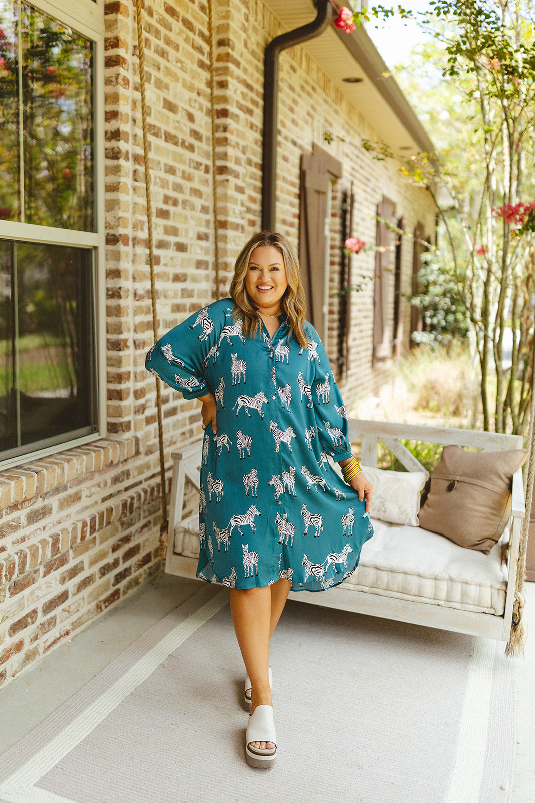 Teal Satin Zebra Print Button Down Midi Dress