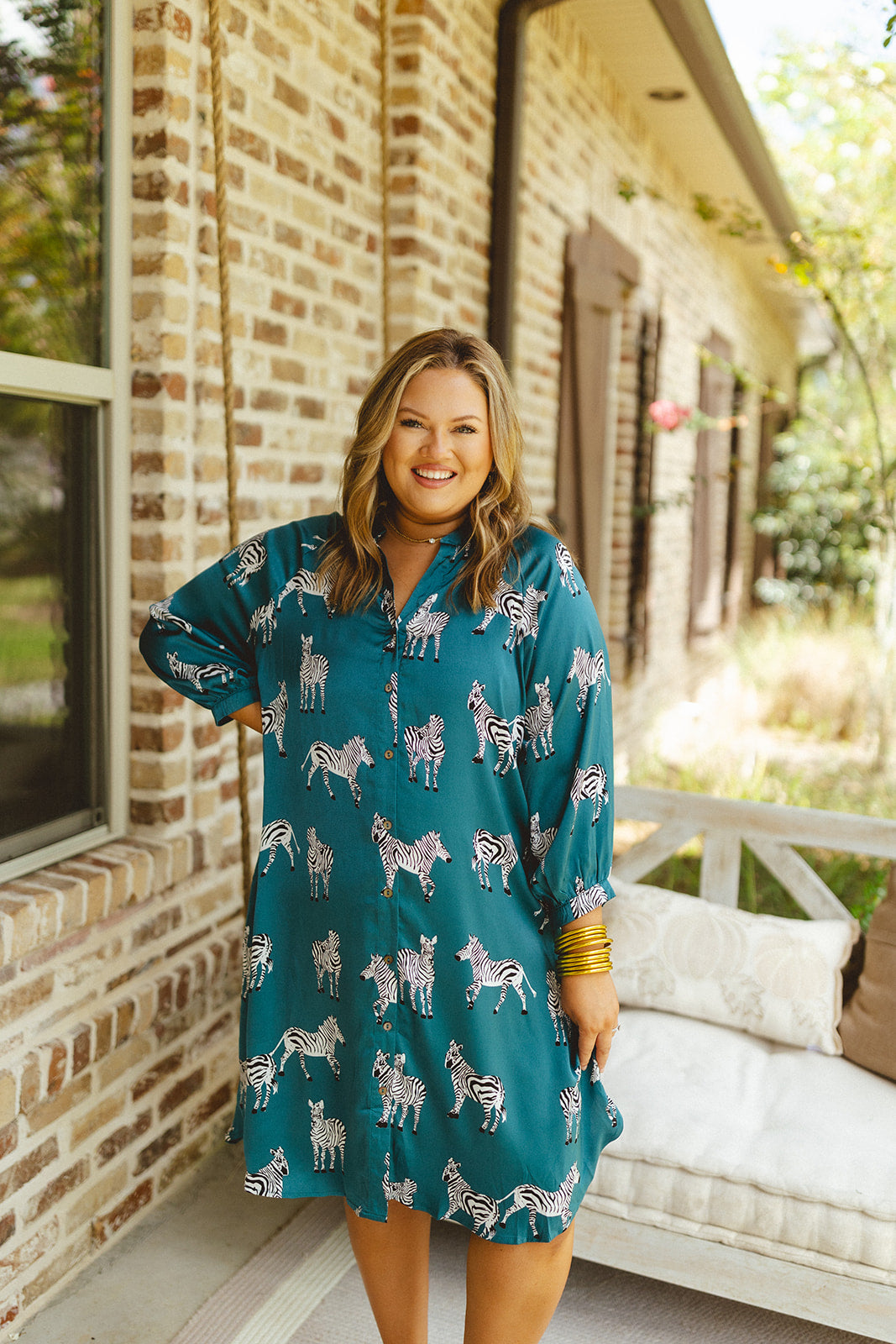 Teal Satin Zebra Print Button Down Midi Dress