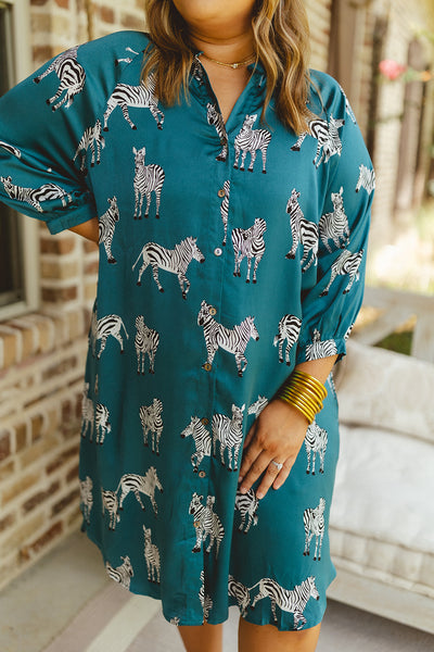 Teal Satin Zebra Print Button Down Midi Dress