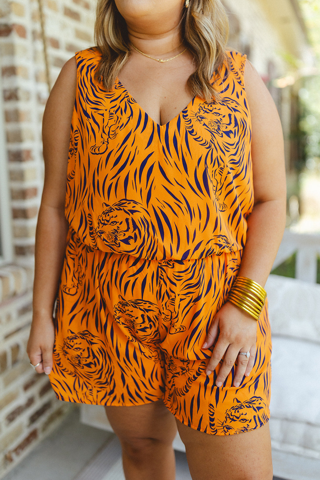 Adrienne Navy and Orange Tiger Print Sleeveless Pocket Romper