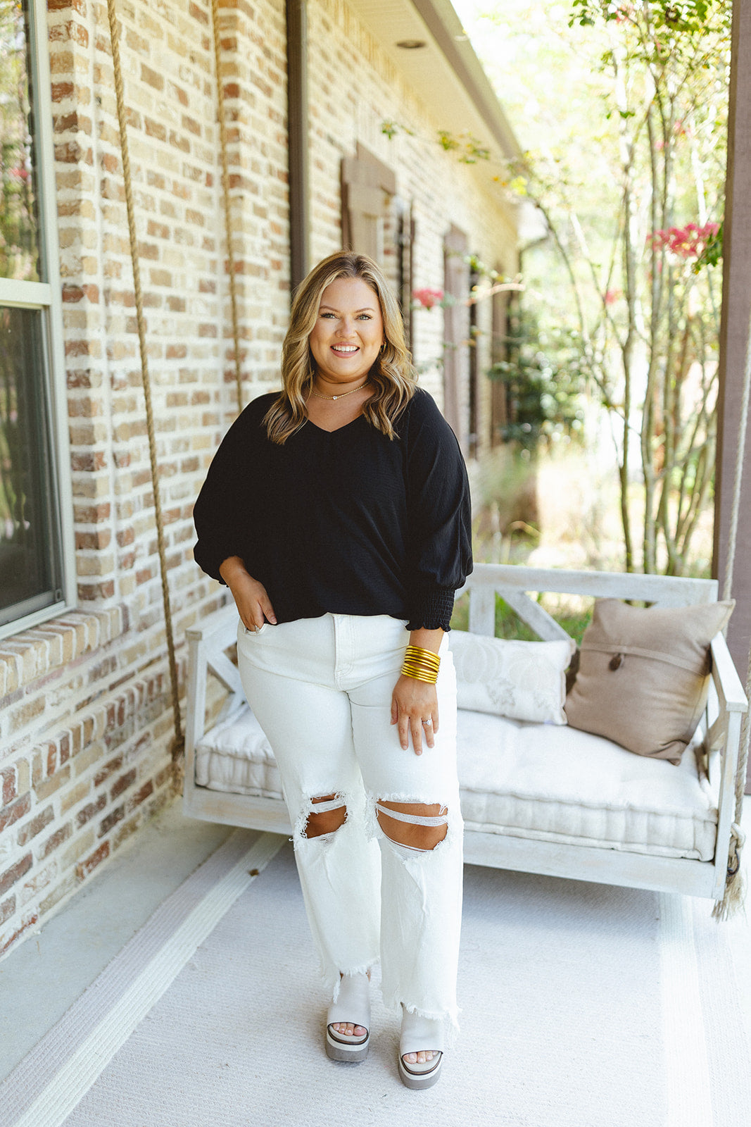 Black Smocked Sleeve Batwing Blouse