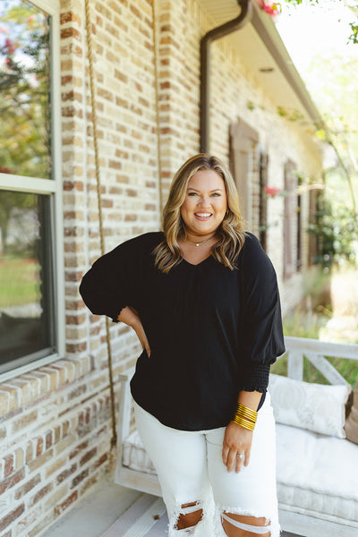 Black Smocked Sleeve Batwing Blouse