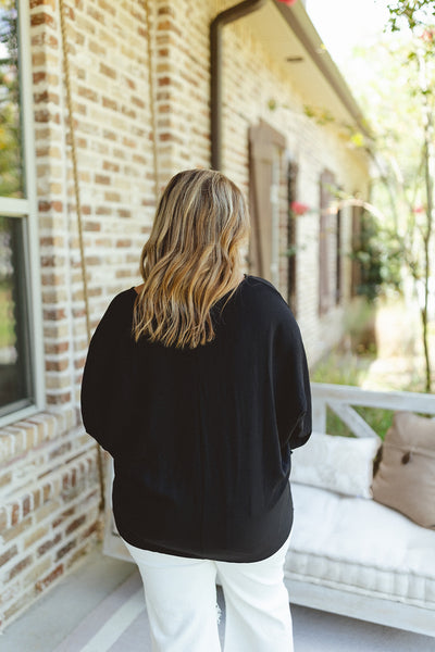 Black Smocked Sleeve Batwing Blouse