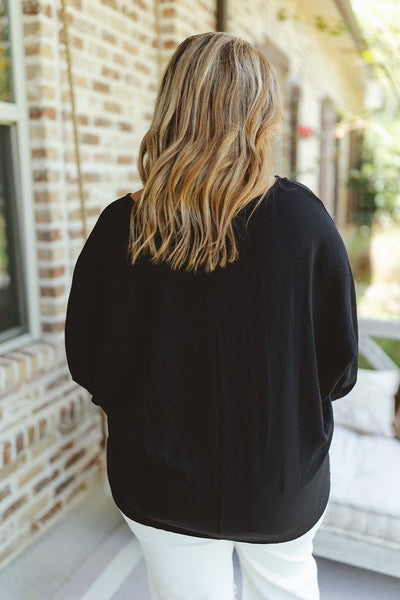 Black Smocked Sleeve Batwing Blouse