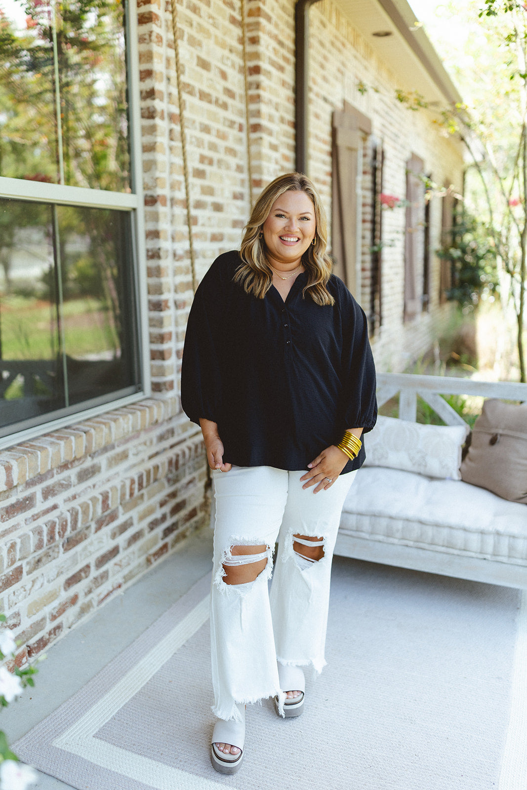 Black Button Detail V-Neck Flowy Blouse