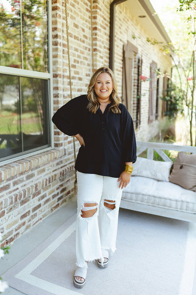 Black Button Detail V-Neck Flowy Blouse