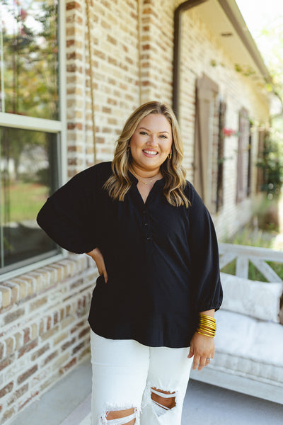 Black Button Detail V-Neck Flowy Blouse