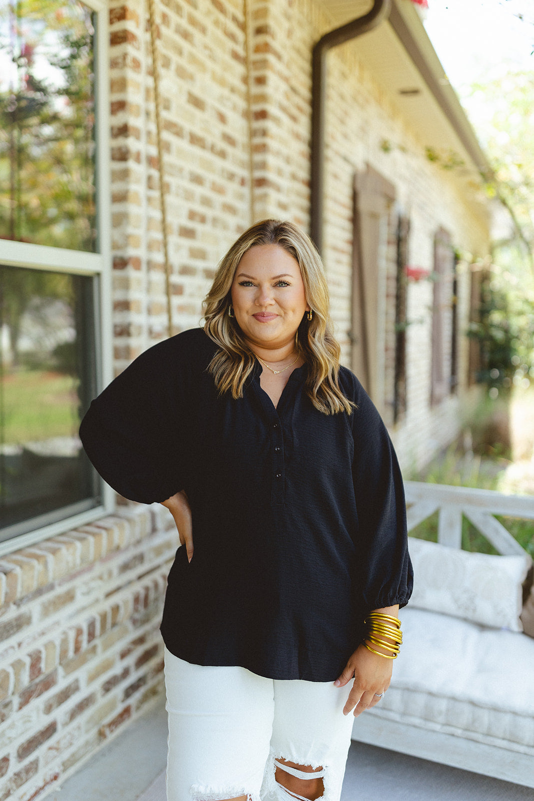 Black Button Detail V-Neck Flowy Blouse