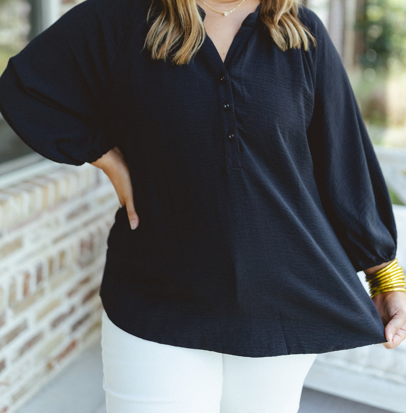 Black Button Detail V-Neck Flowy Blouse