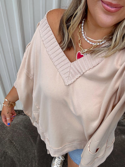 Beige Raw Edge V-Neck Oversized Pocket Top