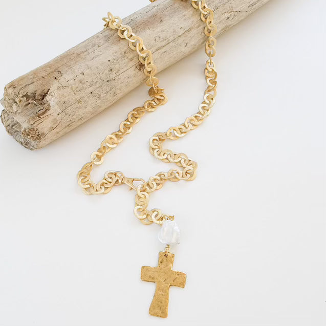 Virtue Washer Pearl Long Cross Tail Necklace