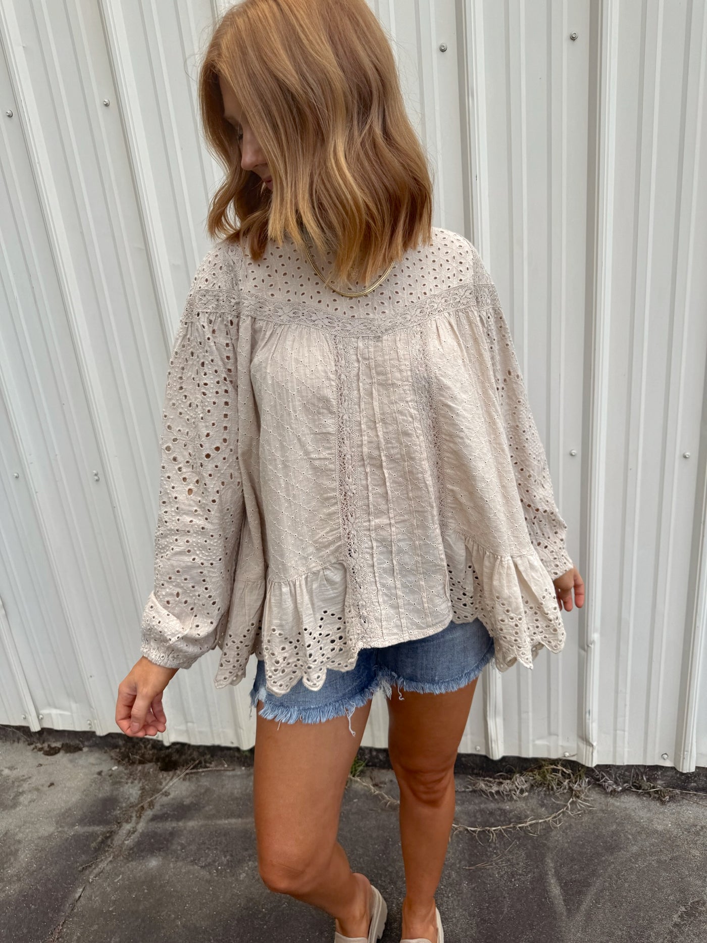 Taupe Oversized Eyelet Long Sleeve Blouse