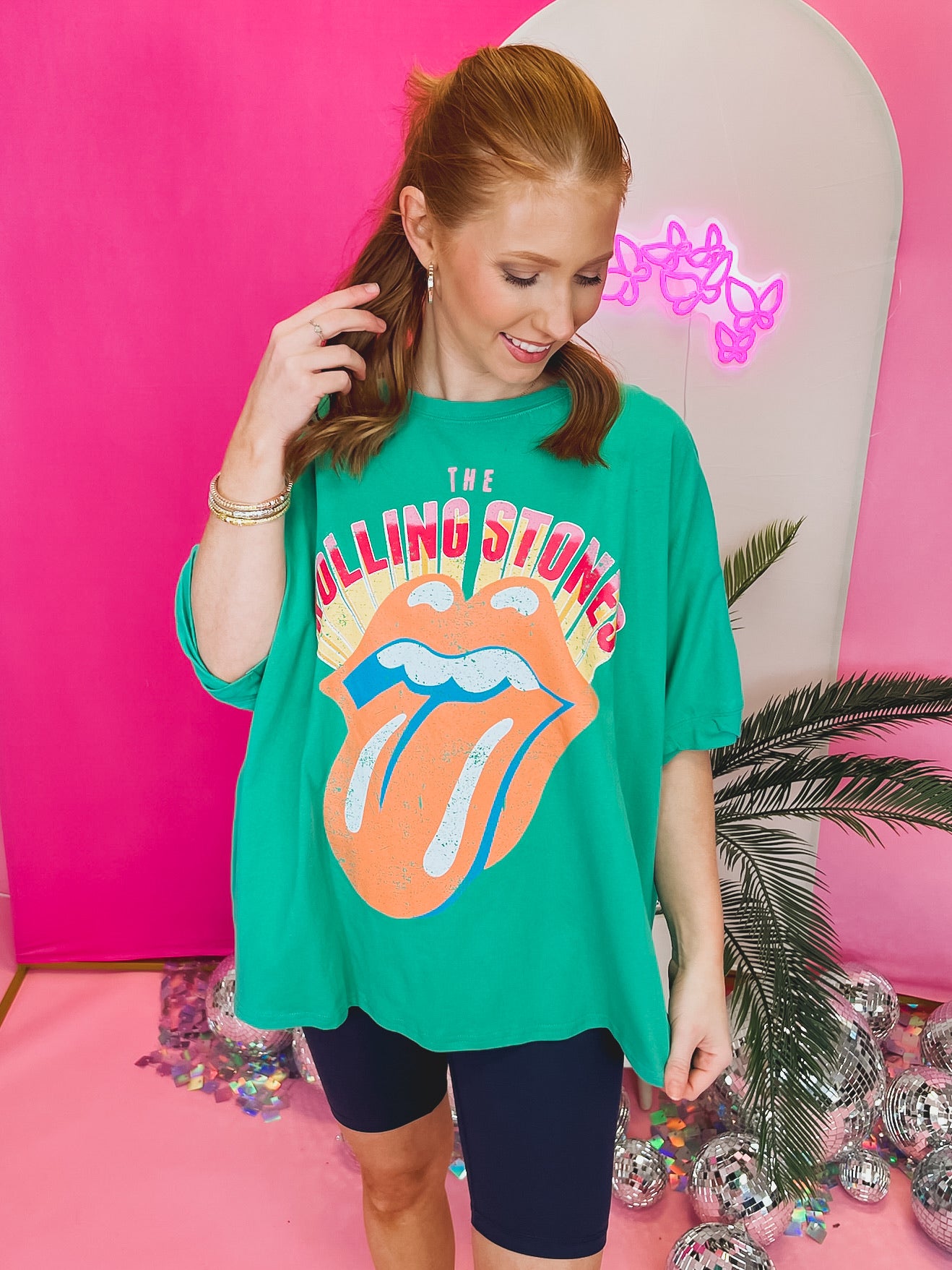 Green Rolling Stones Oversized Graphic Tee