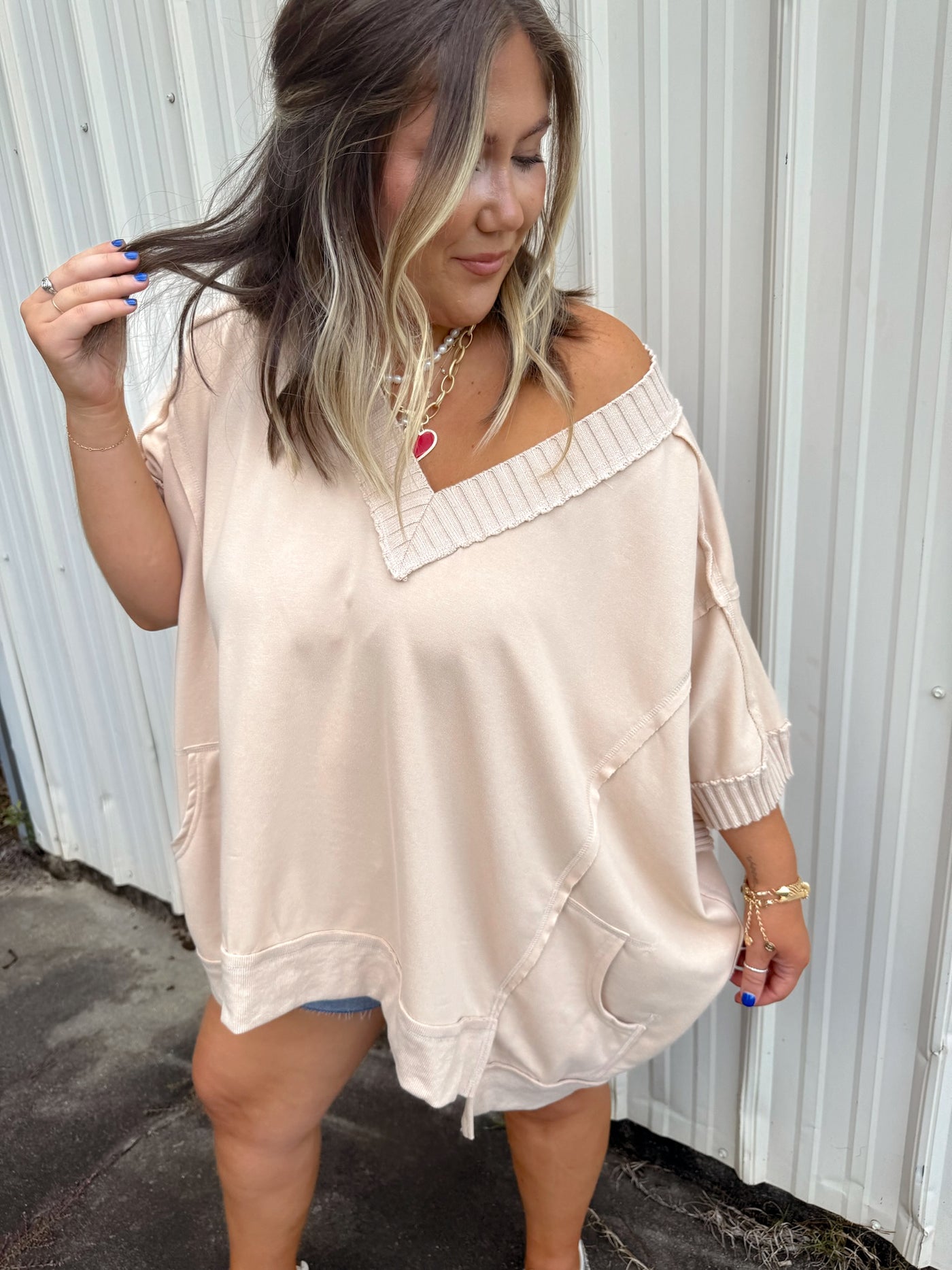 Beige Raw Edge V-Neck Oversized Pocket Top