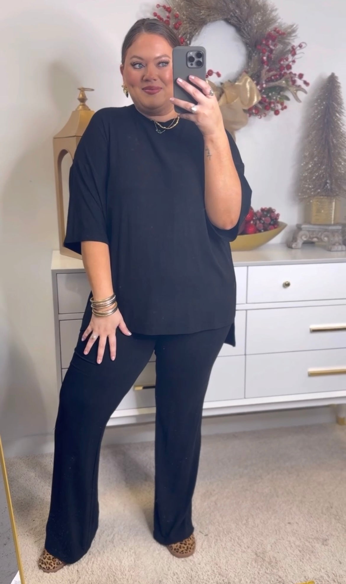 Black Ultra Soft Ribbed Knit Dolman Tee and Kick Flare Pant Set