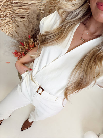 Cream Collared Wrap Front Tapered Jumpsuit