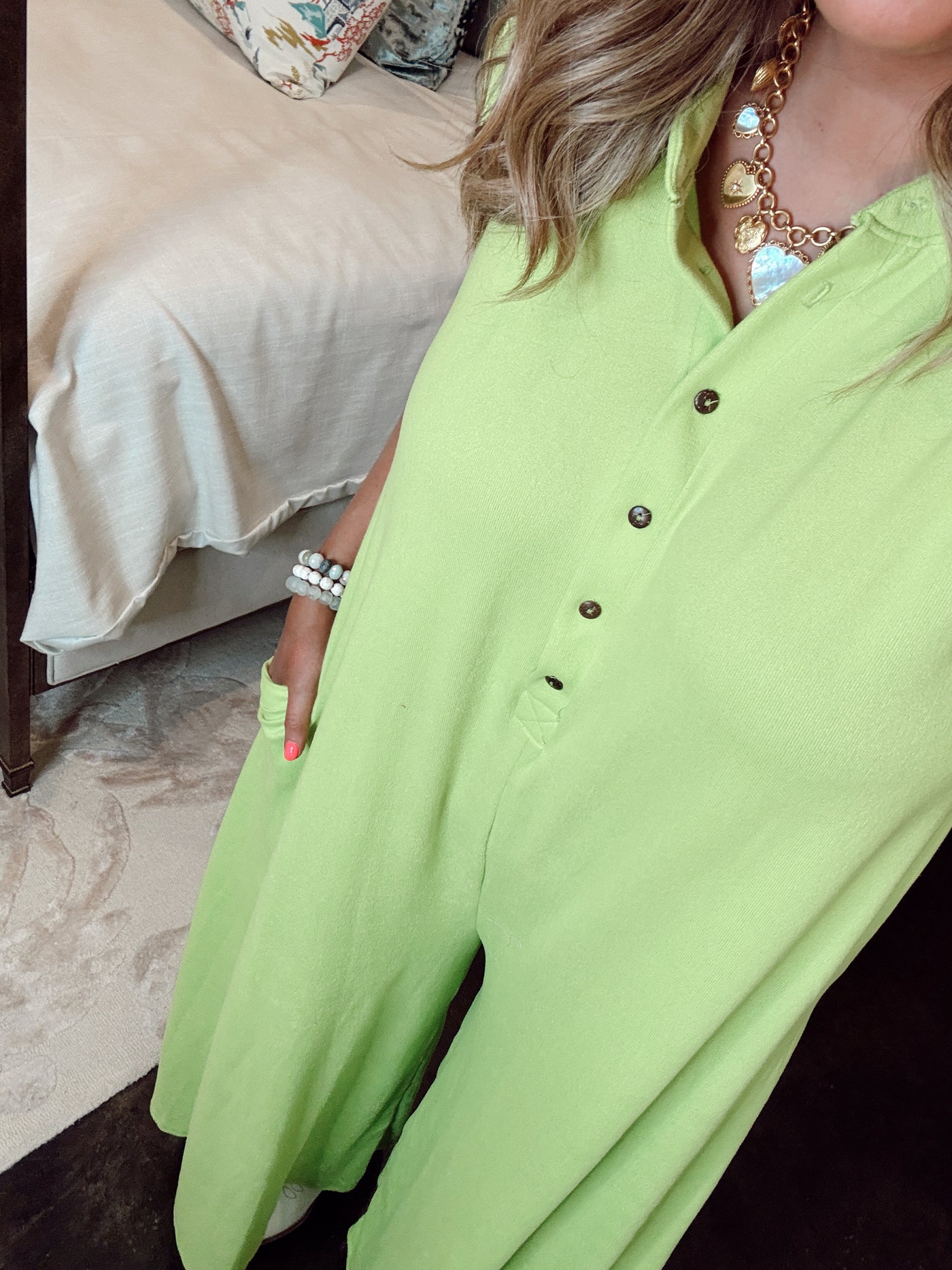 Neon Lime Wide Leg Oversized Button Detail Jumper