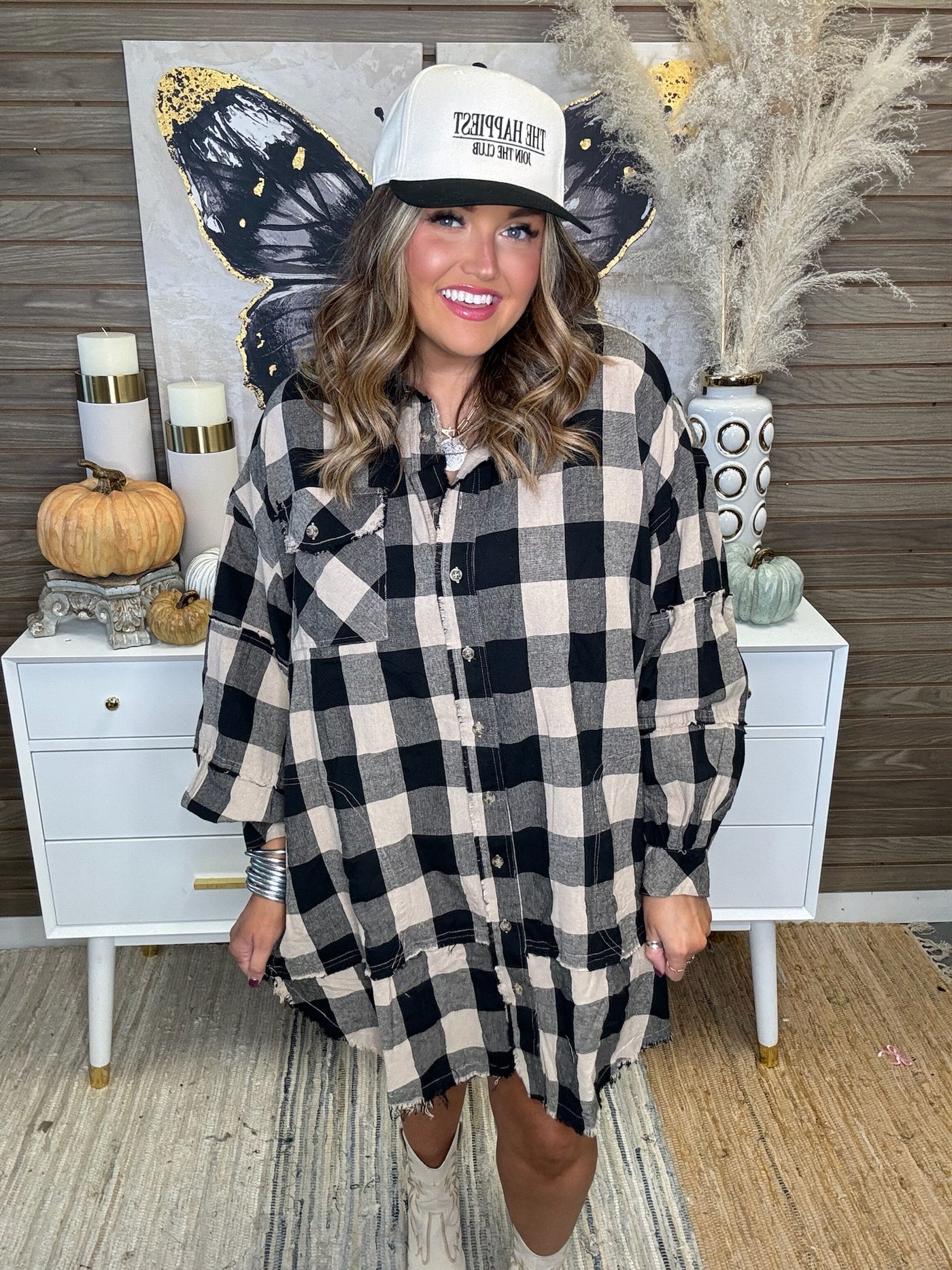 Black Plaid Button Down Tunic Dress