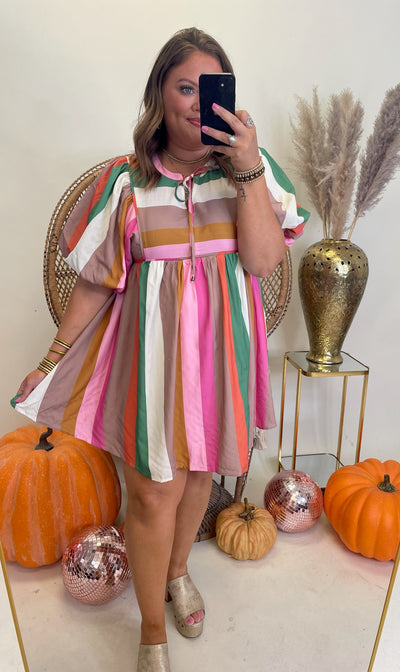 Multicolor Striped Tie Detail Puff Sleeve Dress