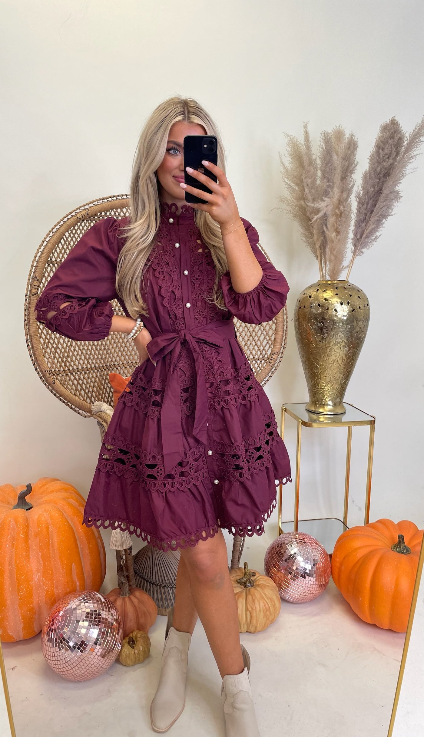 Merlot Lace Detail Pearl Button Down Dress