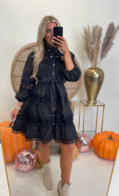 Black Lace Detail Pearl Button Down Dress