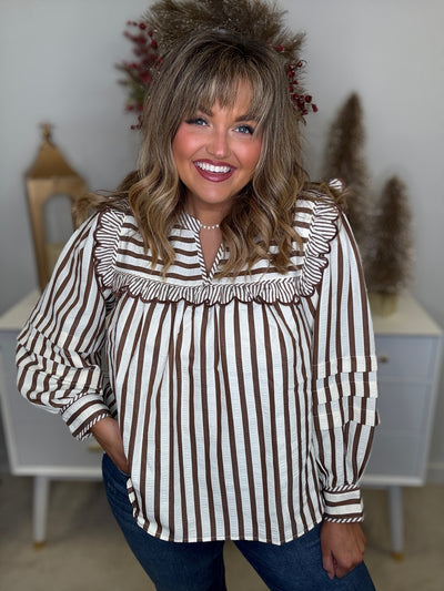 Brown Striped Ruffle Detail Long Sleeve Top