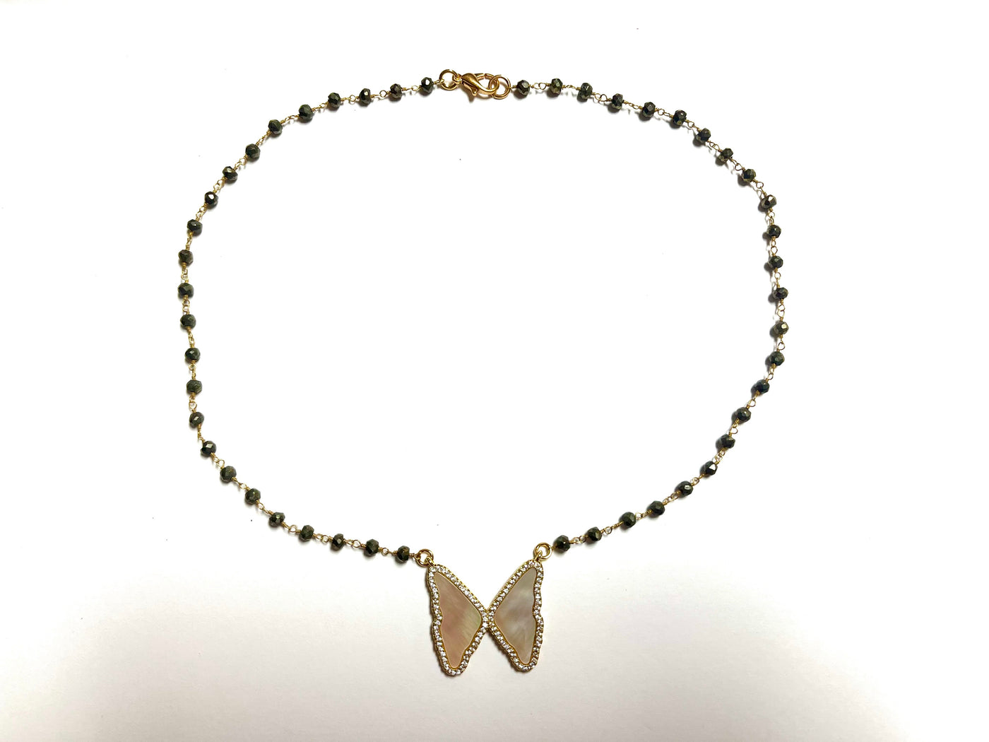 Virtue Jewelry Shell Butterfly Beaded Necklace -Pyrite