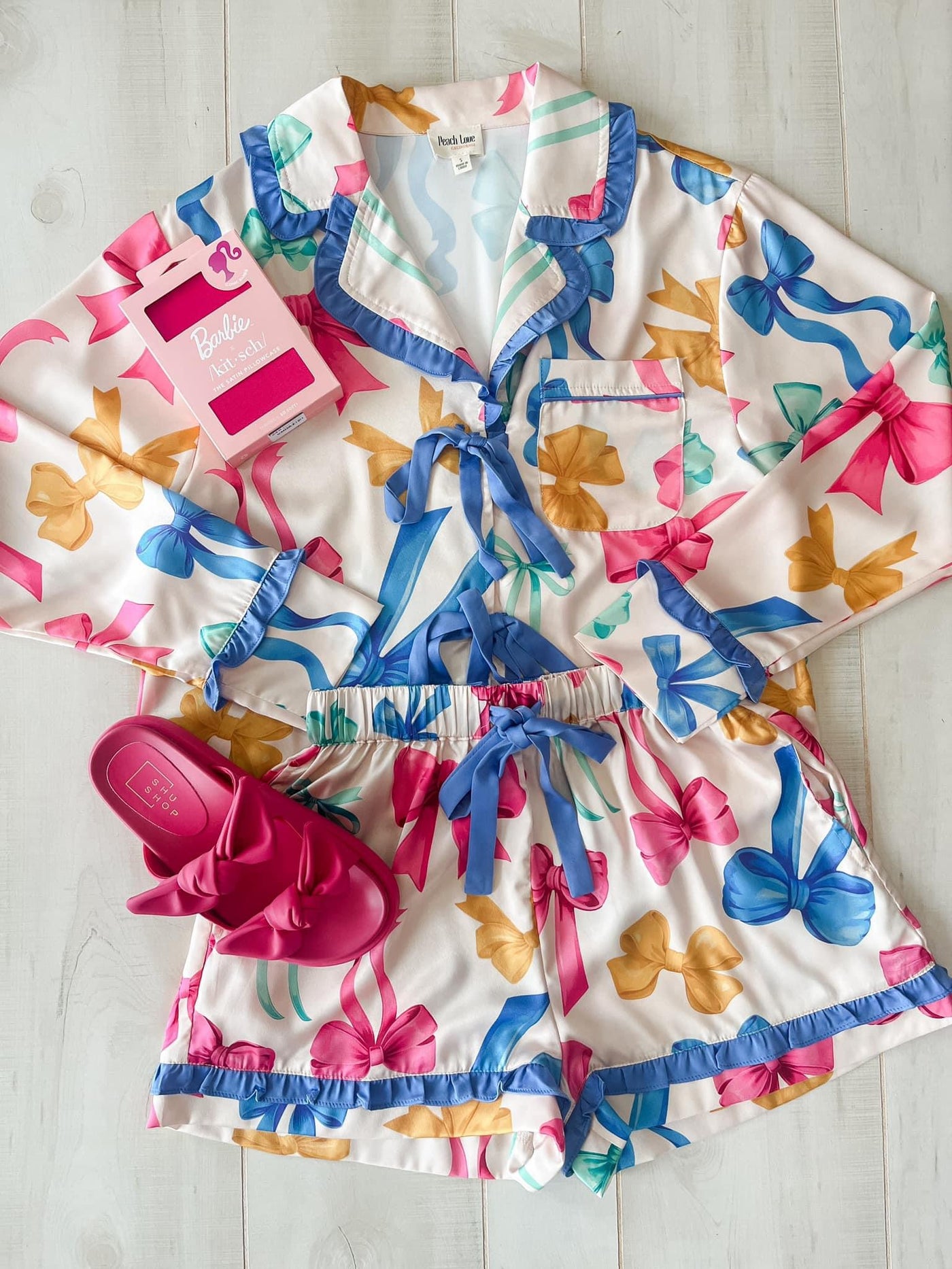 Cream Multi Bow Ruffle Detail Pajama Set