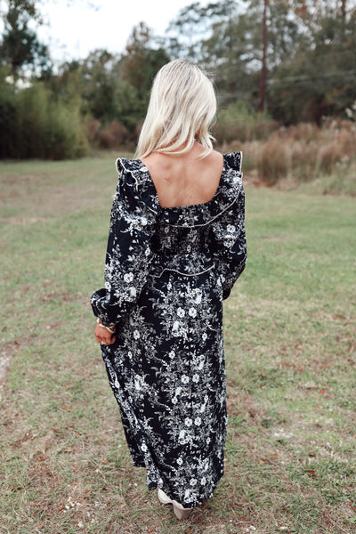 Black Floral Square Neck Corset Contrast Maxi Dress