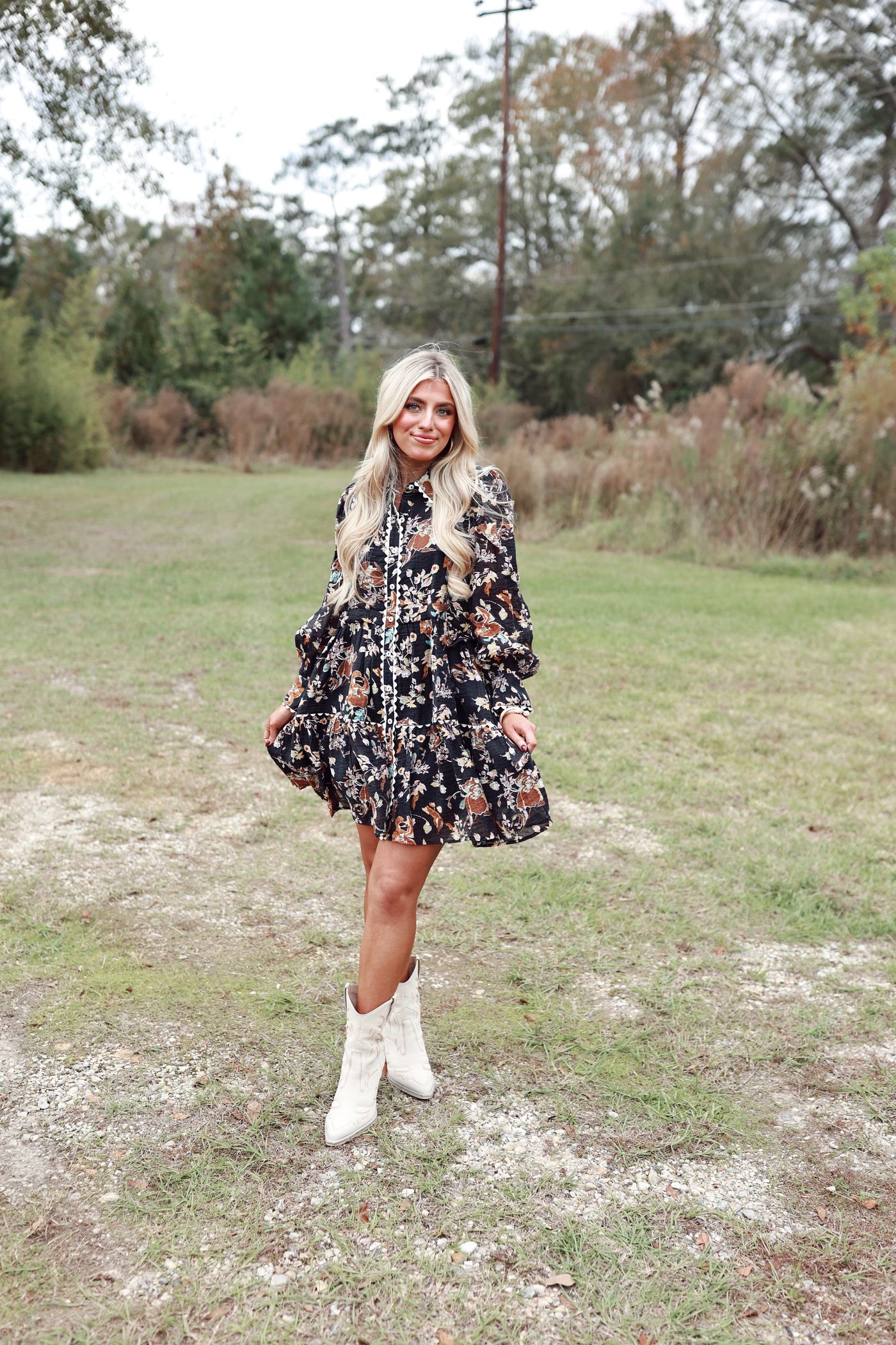 Black Floral Long Sleeve Button Down Dress