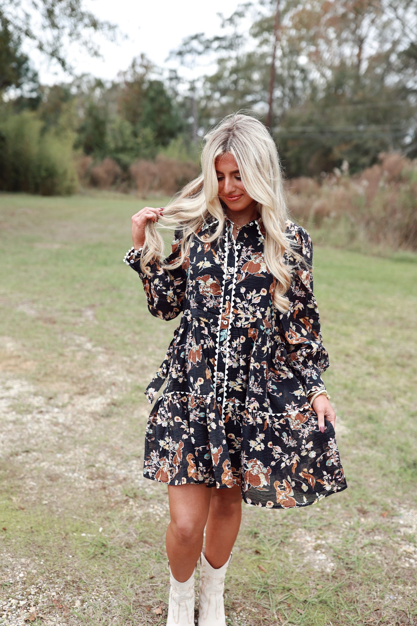 Black Floral Long Sleeve Button Down Dress